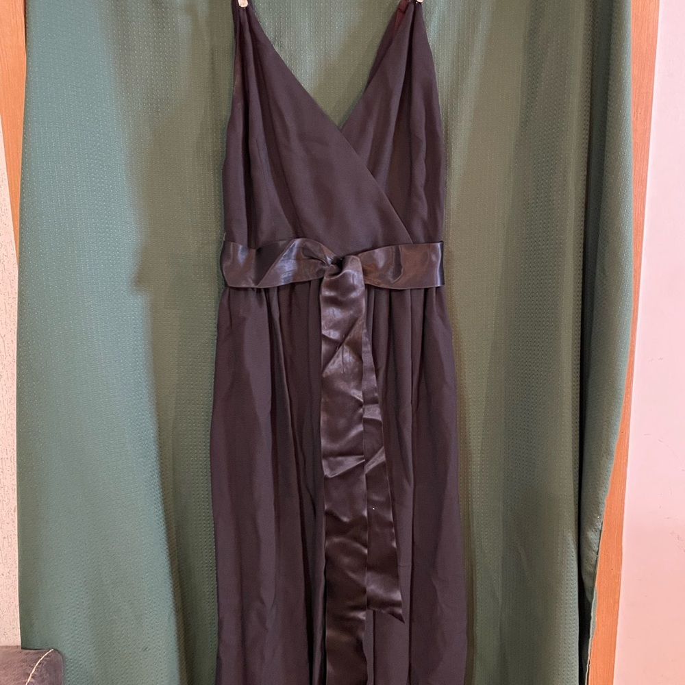 Black knee length dress w/ rhinestone straps and front waist tie